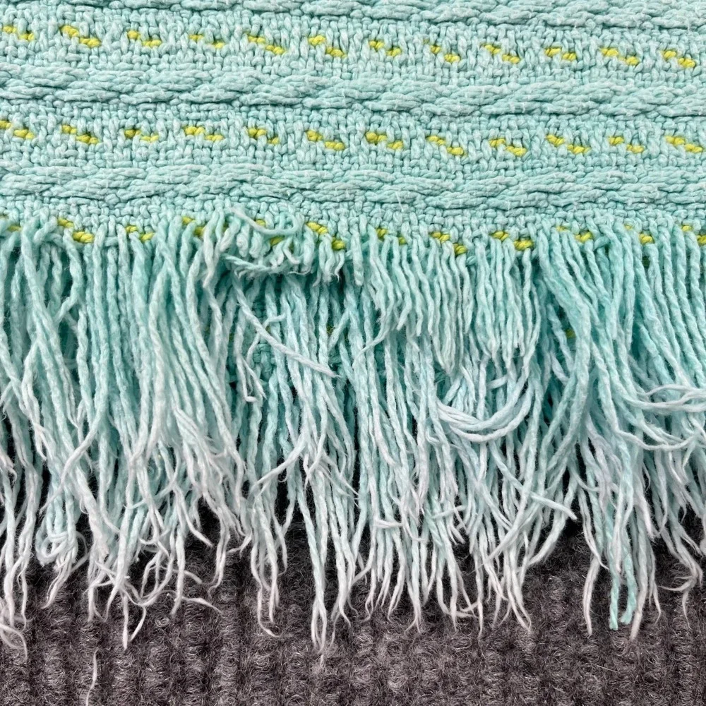 Vtg Knit Blanket Blue Yellow Fringe Unisex Cotton Throw Blanket‎